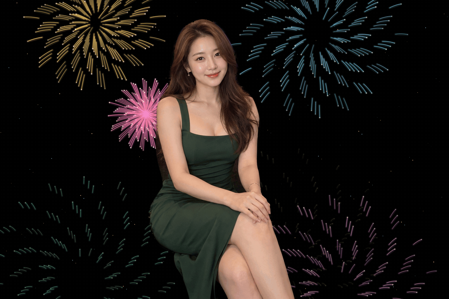 에메랄드 원피스를 입고 앉아 있는 여성
