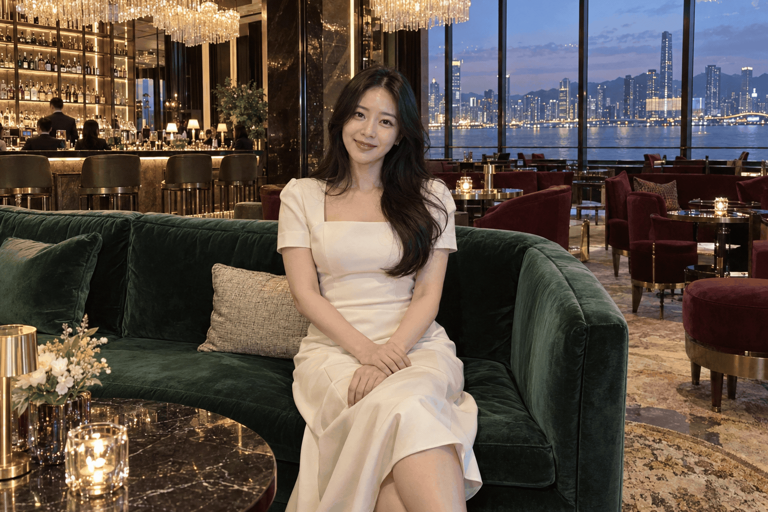 야경이 보이는 라운지의 녹색 소파에서 아이보리 원피스를 입고 앉아 있는 여성